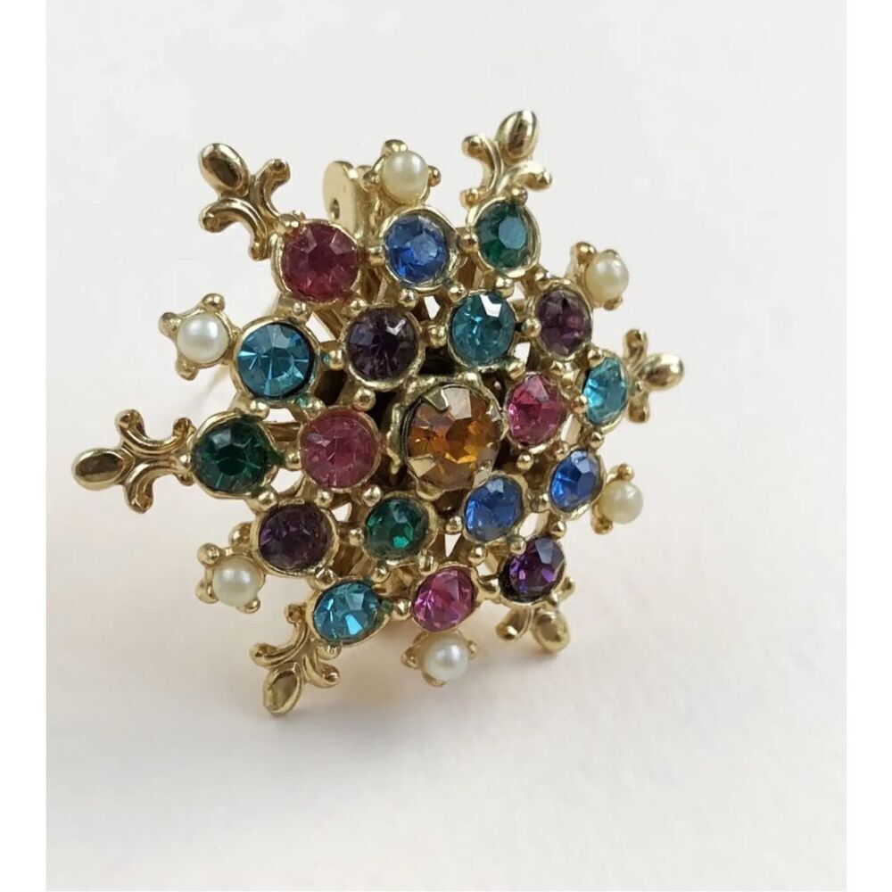 Vintage Colorful Rhinestone and Faux Pearl Atomic Snowflake Pendant With Loop Go